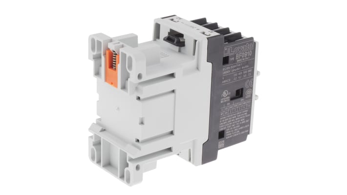 Contattore Lovato BF0910D024, 3 poli, 9 A, bobina 24 V c.c., montaggio su guida DIN, dimensioni 81 x 45 x 80.7 mm.