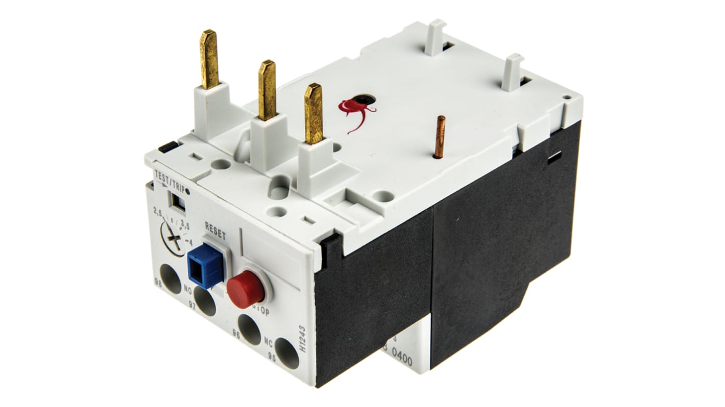 Relè di sovraccarico termico Lovato RF380400, 3 poli, 4 A, montaggio su contattori BF, reset automatico e manuale.