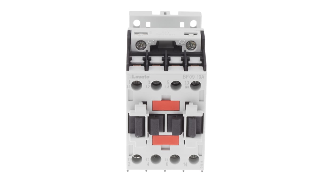Contattore Lovato BF0910A024, 3 poli, 9 A, bobina 24 V c.a., montaggio su guida DIN, dimensioni 45x81x80.7 mm.