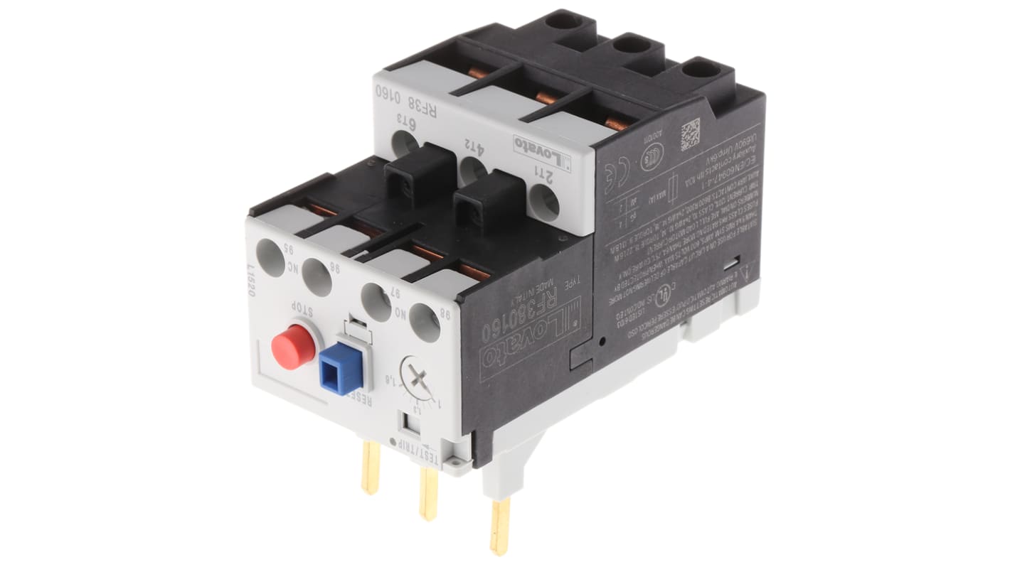 Lovato RF380160, relè di sovraccarico termico 3 poli, 1,6 A, montaggio su contattori BF09-BF38, dimensioni 45x81x80,7 mm.