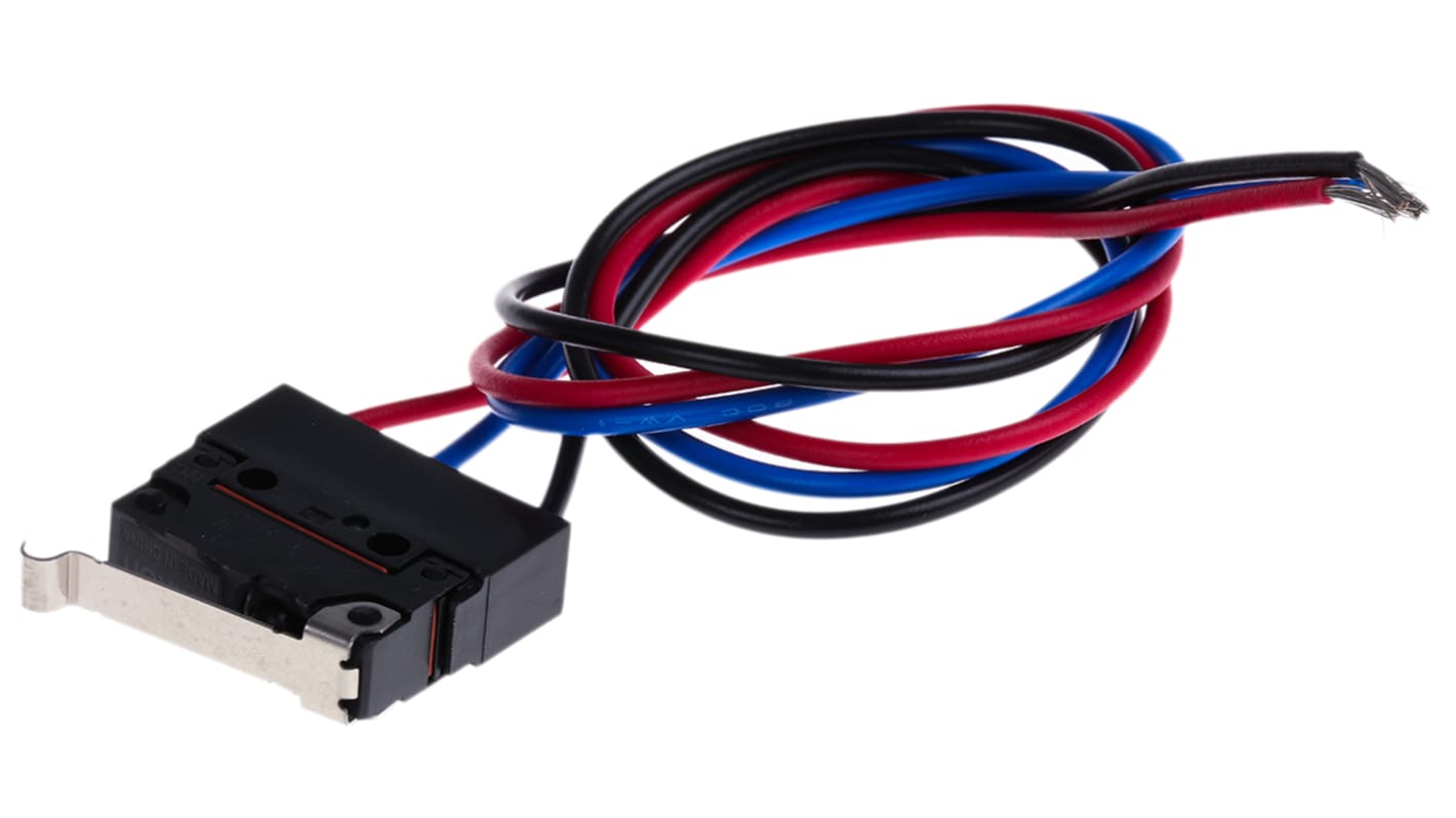 Microinterruttore Omron D2SW-P2L3M SPDT pre-cablato, IP67, 2 A a 250 V, temperatura -20/+70 °C, leva a rotella.