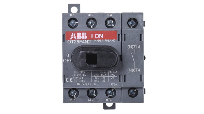 Interruttore di isolamento ABB OT25F4N2, 4 poli, 25A, montaggio su base, dimensioni 68mm x 48mm x 56mm, protezione IP20.