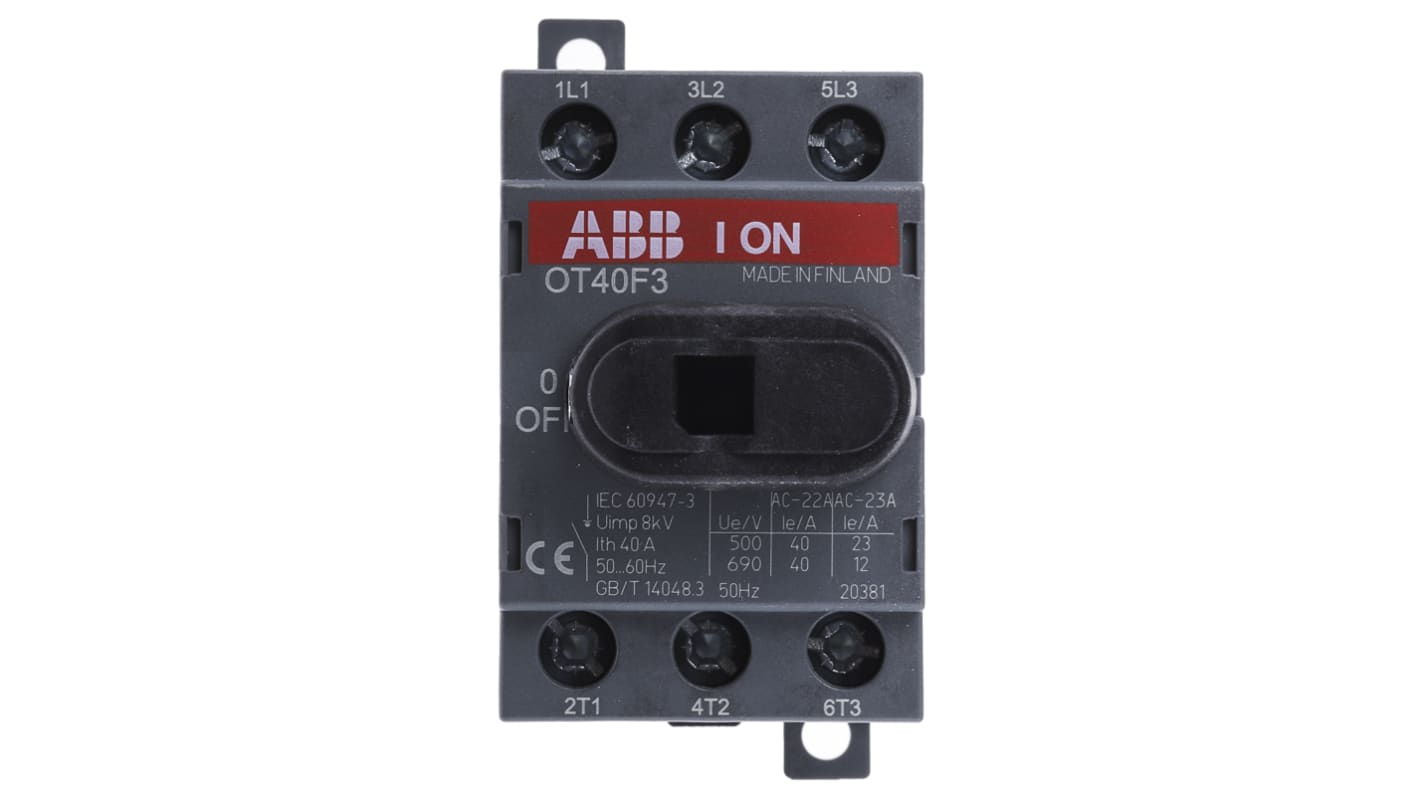 Interruttore sezionatore ABB OT40F3, 3 poli, 40A, montaggio su guida DIN, dimensioni 68mm x 35mm x 56mm, grado di protezione IP20.
