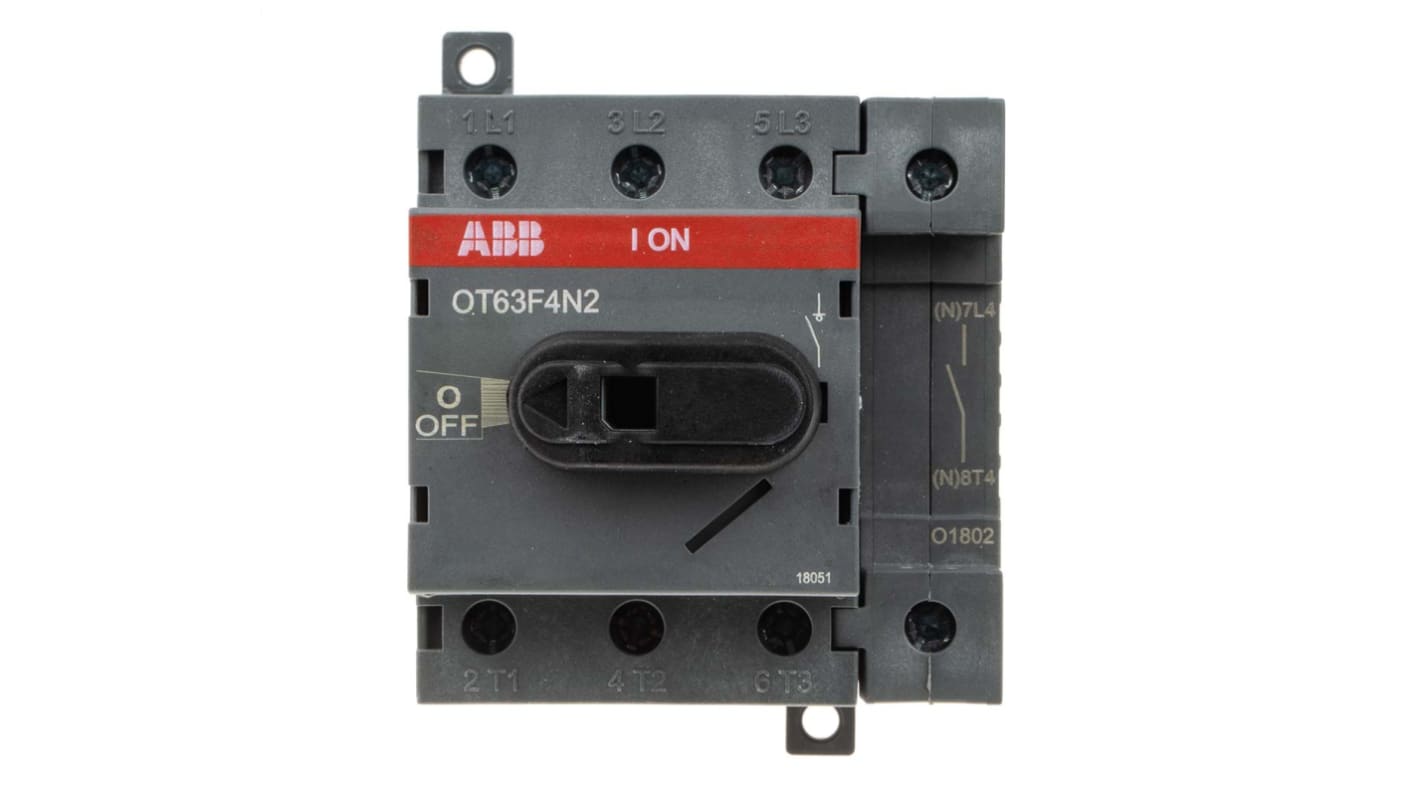 Interruttore sezionatore ABB OT63F4N2, 4 poli, 63A, montaggio su guida DIN, dimensioni 92x64x73 mm, protezione IP20.