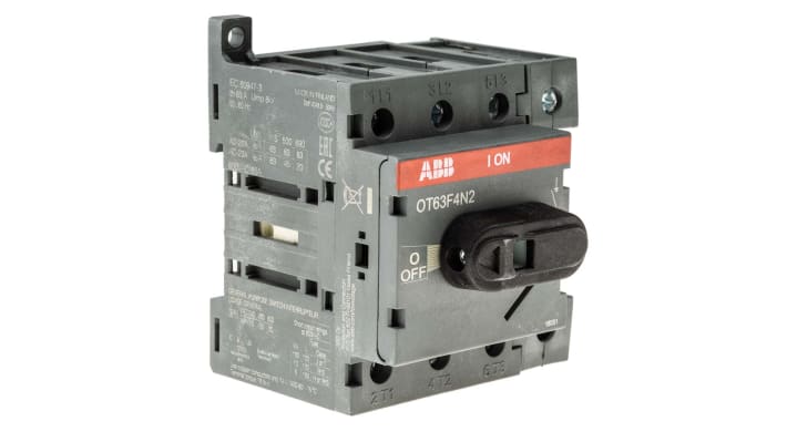 Interruttore sezionatore ABB OT63F4N2, 4 poli, 63A, montaggio su guida DIN, dimensioni 92x64x73 mm, protezione IP20.