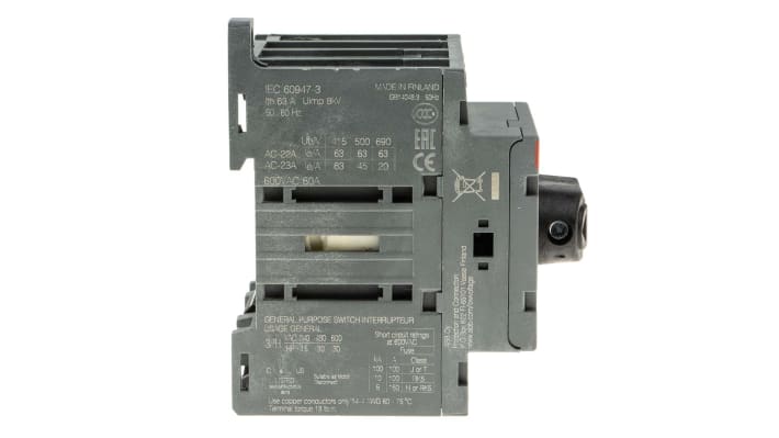 Interruttore sezionatore ABB OT63F4N2, 4 poli, 63A, montaggio su guida DIN, dimensioni 92x64x73 mm, protezione IP20.
