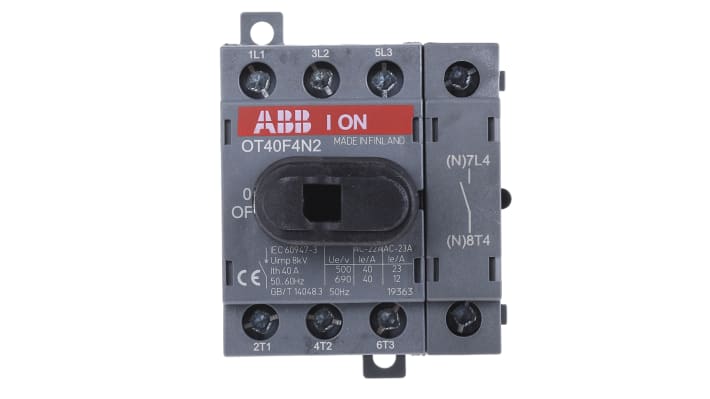 Interruttore di isolamento ABB OT40F4N2, 4 poli, montaggio su guida DIN, corrente 40A, dimensioni 68mm x 48mm x 56mm.