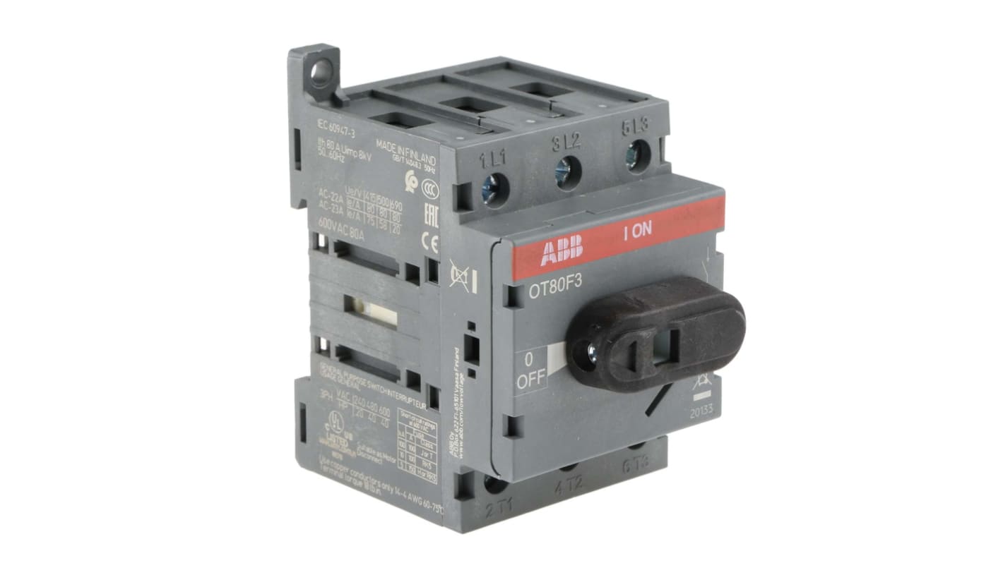 Interruttore di isolamento ABB OT80F3, 3 poli, 80 A, montaggio su guida DIN, dimensioni 92x53x73 mm, grado di protezione IP20.