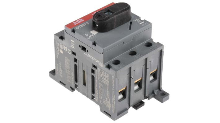 Interruttore di isolamento ABB OT80F3, 3 poli, 80 A, montaggio su guida DIN, dimensioni 92x53x73 mm, grado di protezione IP20.