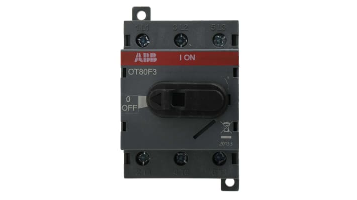 Interruttore di isolamento ABB OT80F3, 3 poli, 80 A, montaggio su guida DIN, dimensioni 92x53x73 mm, grado di protezione IP20.