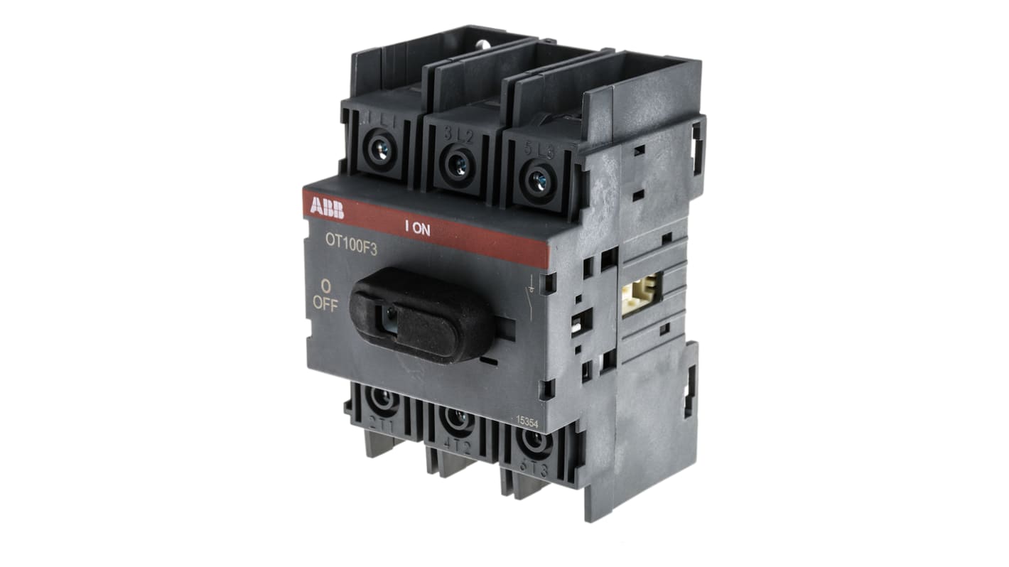 Interruttore sezionatore ABB OT100F3, 3 poli, 100A, montaggio su guida DIN, dimensioni 100x70x74 mm, protezione IP20.