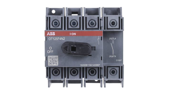 Interruttore di isolamento ABB 4 poli, 125A, 750V, montaggio su base, dimensioni 96,5x74x100mm, grado di protezione IP20.