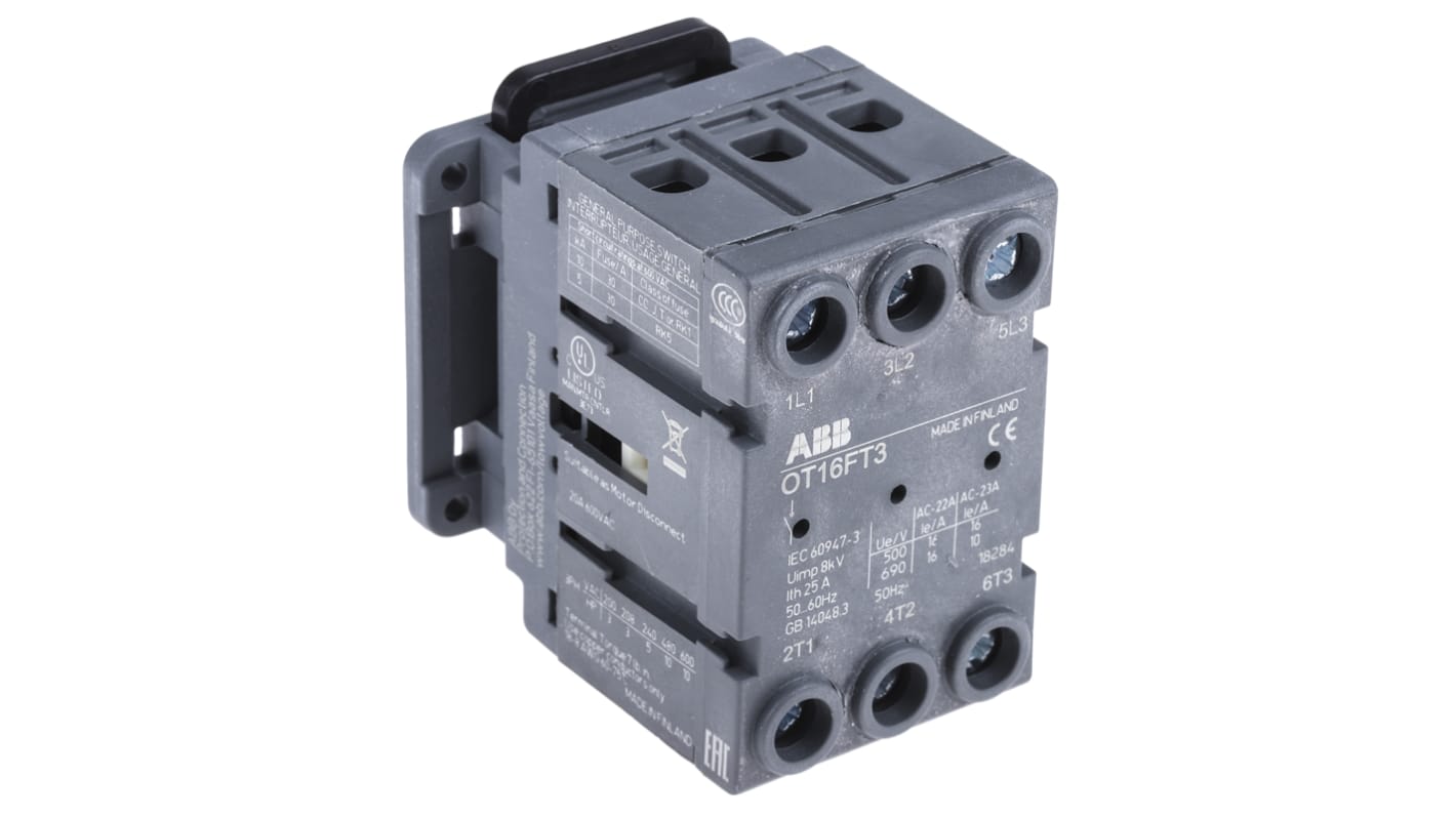 Interruttore di isolamento ABB OT16FT3, 3 poli, 16 A, montaggio a pannello, dimensioni 54x43x52 mm, protezione IP20.