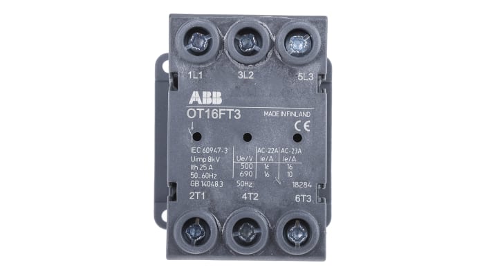 Interruttore di isolamento ABB OT16FT3, 3 poli, 16 A, montaggio a pannello, dimensioni 54x43x52 mm, protezione IP20.