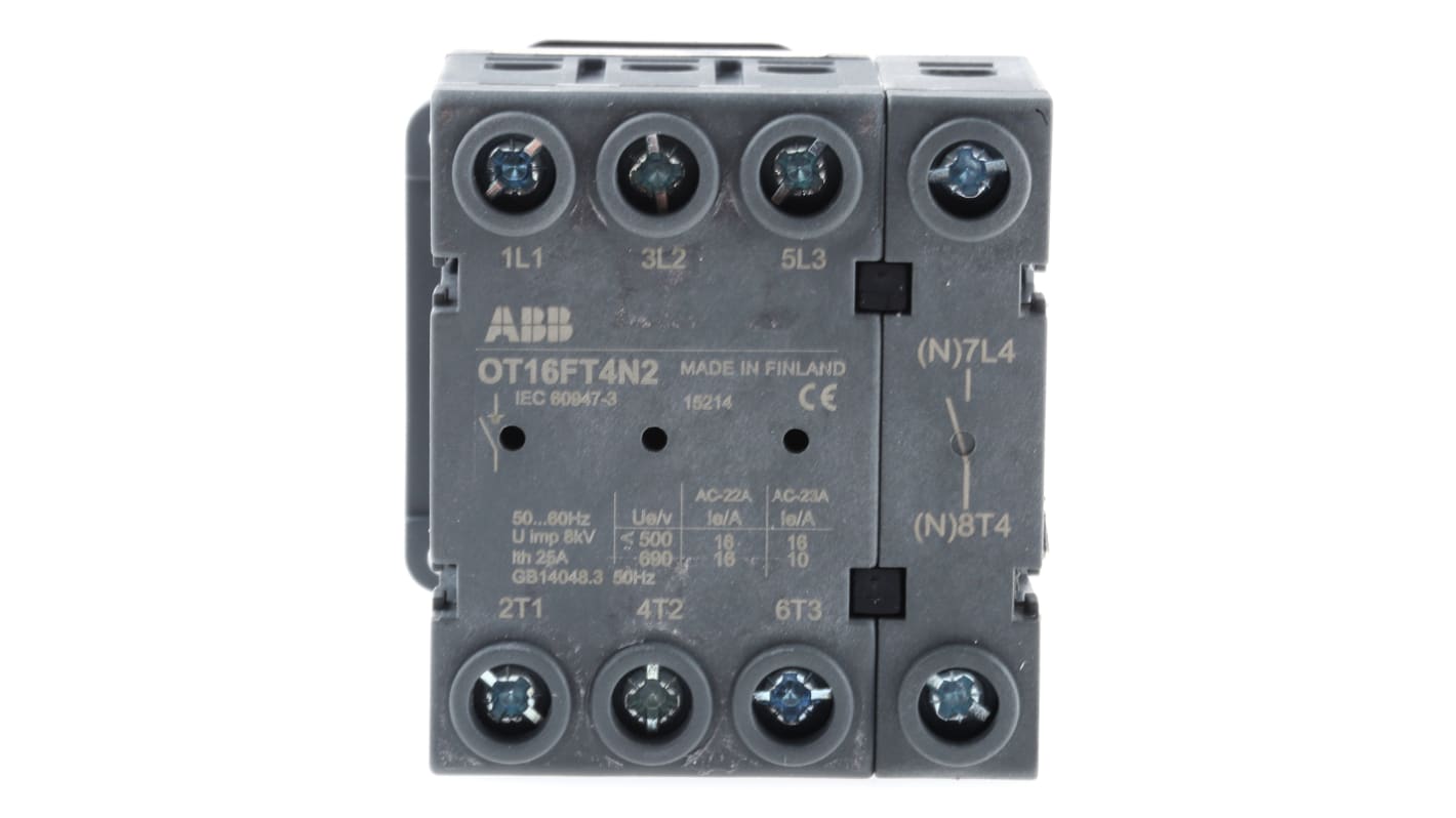 Interruttore sezionatore ABB OT16FT4N2, 4 poli, montaggio a pannello, corrente 16A, dimensioni 54mm x 49mm x 52mm, grado di protezione IP20.