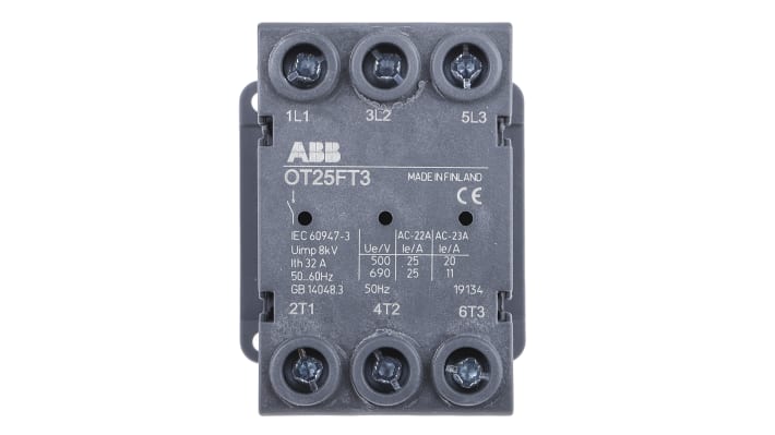 Interruttore di isolamento ABB 3 poli, 25A, 750V, montaggio a pannello, grado di protezione IP20, modello 1SCA104884R1001.