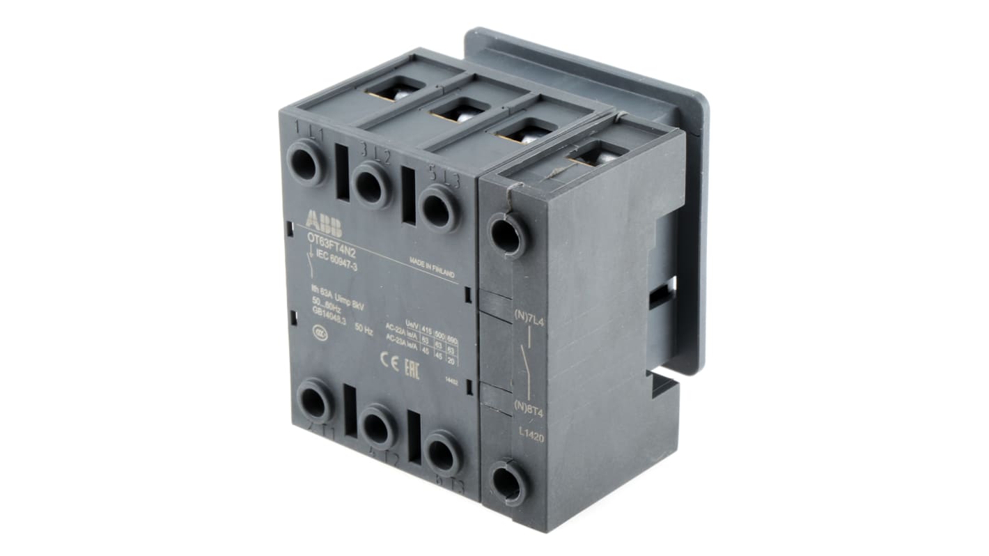 Interruttore di isolamento ABB OT63FT4N2, 4 poli, montaggio a pannello, 63A, 750V, dimensioni 72x70x69mm, grado di protezione IP20.