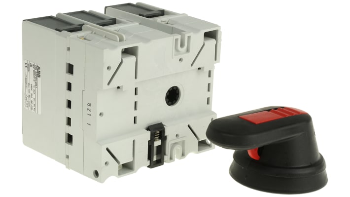 Sezionatore portafusibili ABB OS32FB, 3 poli, montaggio su guida DIN, corrente 32 A, dimensioni 106 x 97 x 105 mm.