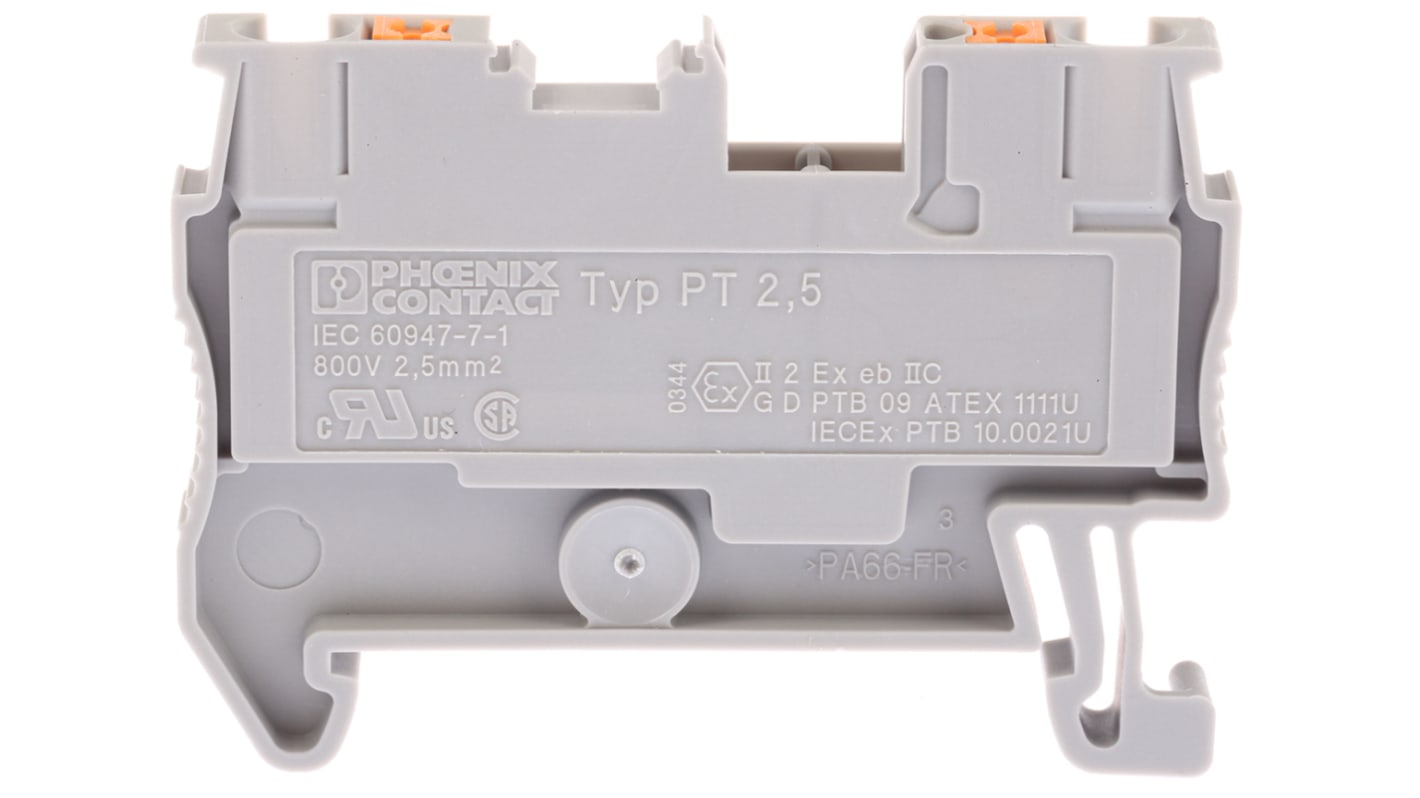 Morsettiera passante Phoenix Contact 3209510, 24A, grigia, per collegamento rapido fili da 26 a 12AWG. Resistente agli urti fino a 18 ms, ideale per applicazioni industriali.