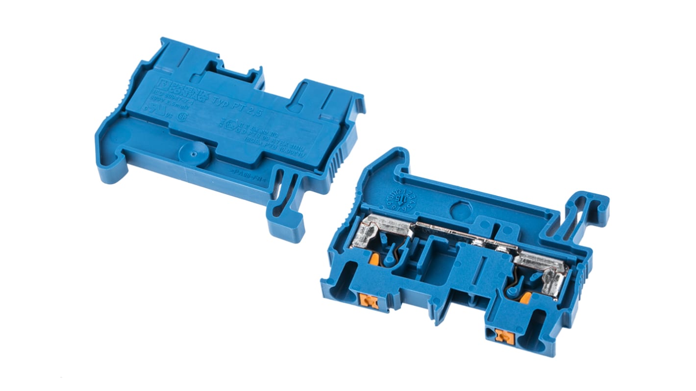 Morsettiera passante Phoenix Contact PT 2,5 BU, Blu, 24A, Singolo Livello. Connessione diretta, riduzione forze di inserimento del 50%, ideale per applicazioni ferroviarie e impiantistiche.