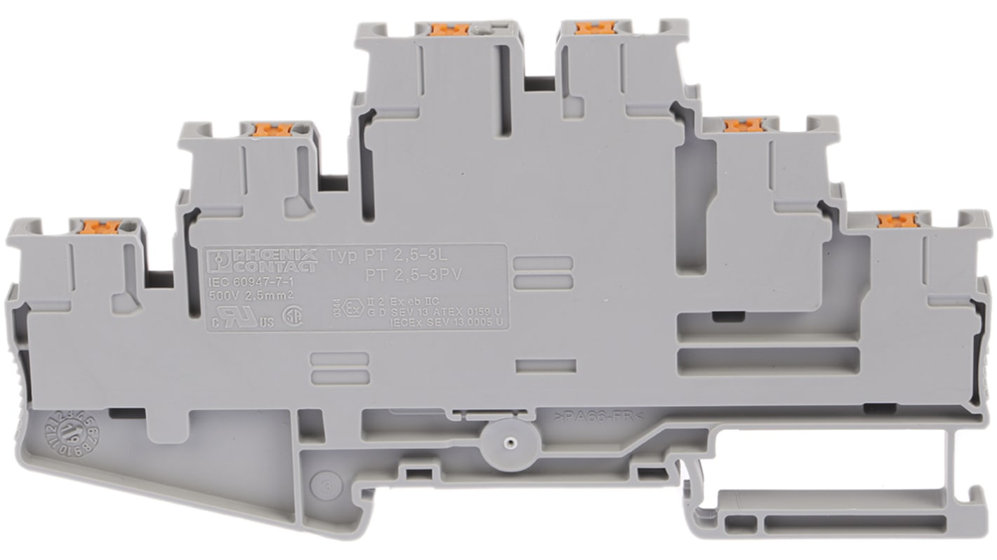Morsettiera a più livelli Phoenix Contact 3210499, connessione a innesto, 20A, Grigio, Triplo, certificata ATEX. Ideale per collegamenti rapidi e sicuri.