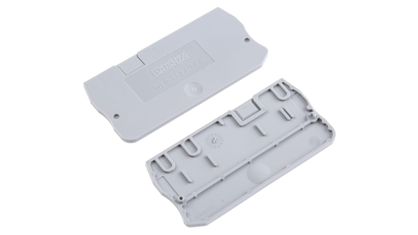 Coperchio terminale Phoenix Contact D-ST 2,5-TWIN - 3030488, 60,5x2,2mm, PA resistente, protezione morsettiere su guide DIN, resistente a temperature estreme. Adatto per sistemi HVAC e illuminazione.