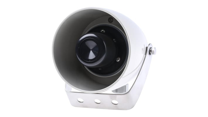 Avvisatore acustico Schneider Electric XVS10BMW, sirena da 12-24 V, emissione sonora 106 dB, protezione IP53, colore bianco.