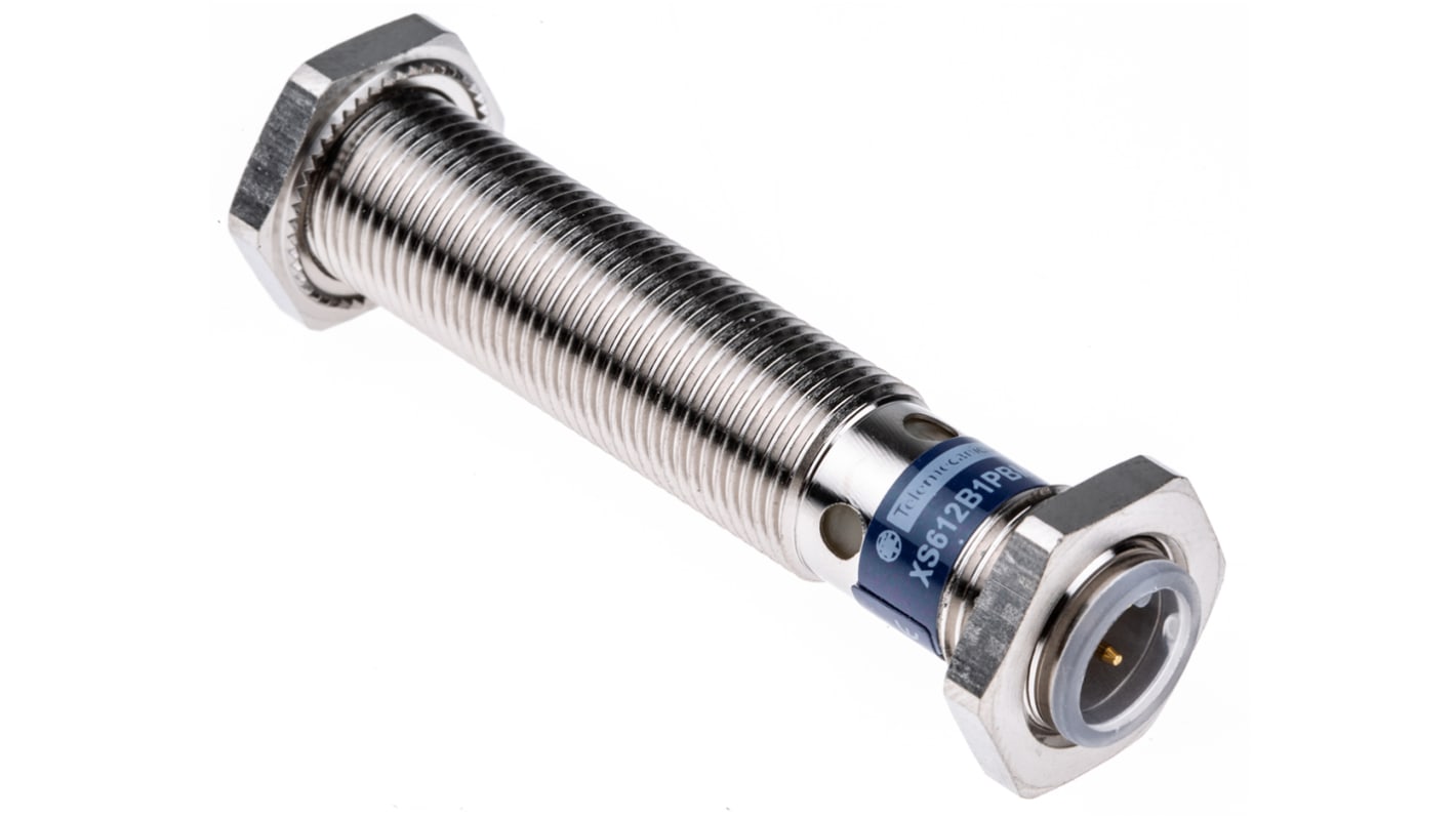 Sensore di prossimità induttivo Telemecanique XS612B1PBM12, rilevamento 4mm, PNP, M12 x 1 per apparecchiature mobili. Adatto per movimentazione e robotica.