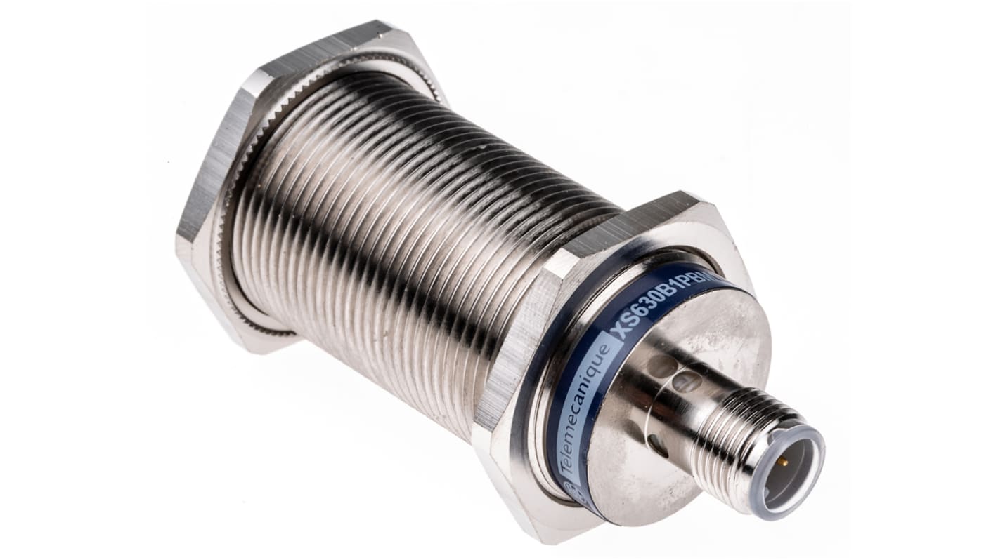 Sensore di prossimità cilindrico PNP Telemecanique Sensors XS630B1PBM12, M30, rilevamento 15 mm, alimentazione 12-48 V c.c., IP67/IP69K.