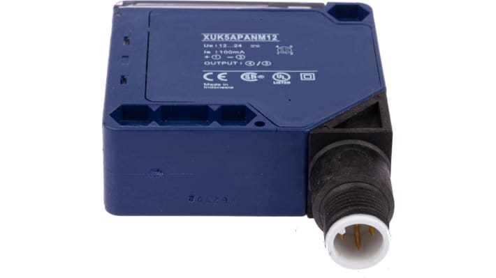 Sensore fotoelettrico compatto Telemecanique Sensors XUK5APANM12, rilevamento a 1 m, uscita PNP, design 50x50 mm. Perfetto per applicazioni industriali.