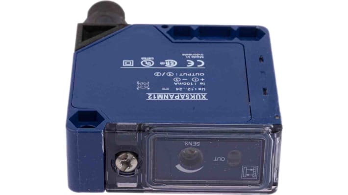 Sensore fotoelettrico compatto Telemecanique Sensors XUK5APANM12, rilevamento a 1 m, uscita PNP, design 50x50 mm. Perfetto per applicazioni industriali.