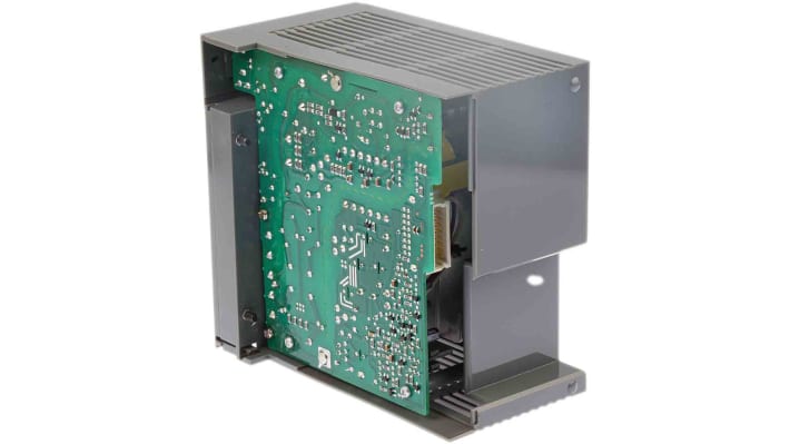 Alimentatore PLC Allen Bradley 1746-P2 per serie SLC 500, 120/240V, 5A, dimensioni 74x140x145 mm, con fusibile e LED.