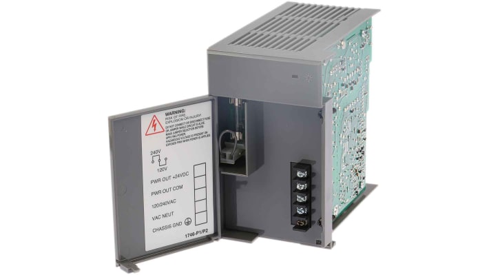 Alimentatore PLC Allen Bradley 1746-P2 per serie SLC 500, 120/240V, 5A, dimensioni 74x140x145 mm, con fusibile e LED.