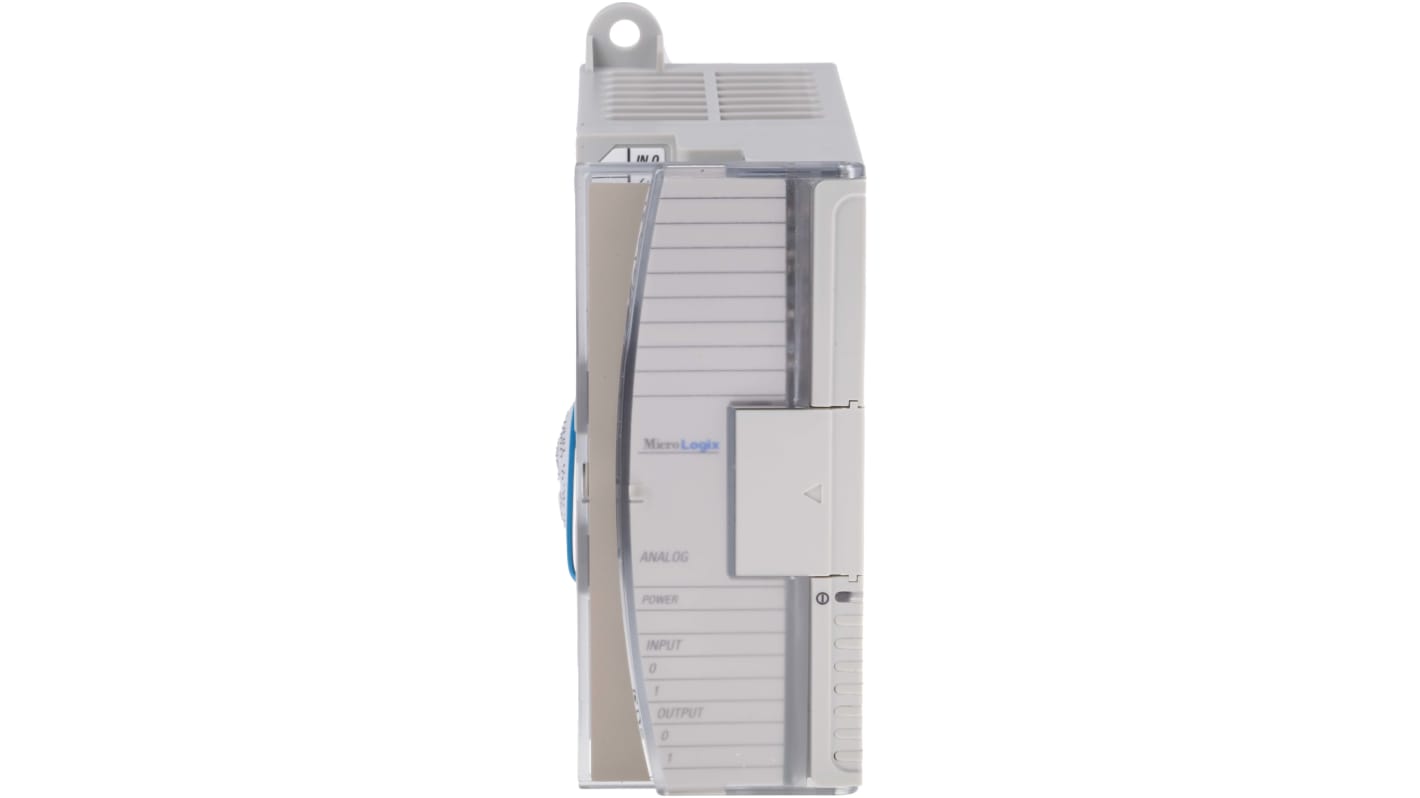 Allen Bradley 1762-IF20F2, modulo I/O analogico per MicroLogix 1200, due ingressi/uscite, montaggio su guida DIN, dimensioni 90x40x87 mm.