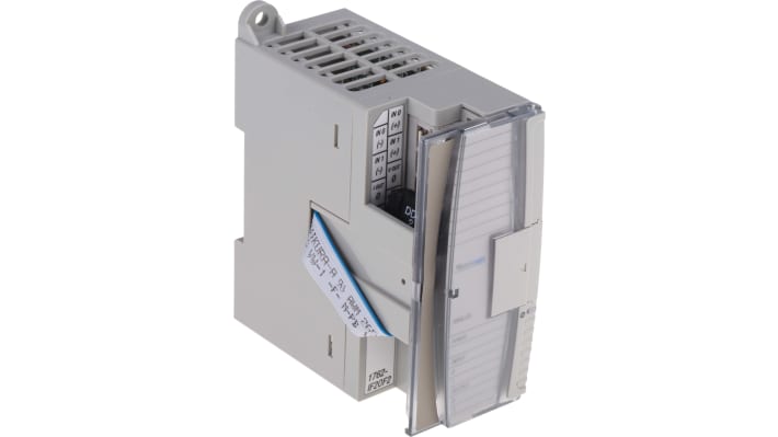 Allen Bradley 1762-IF20F2, modulo I/O analogico per MicroLogix 1200, due ingressi/uscite, montaggio su guida DIN, dimensioni 90x40x87 mm.