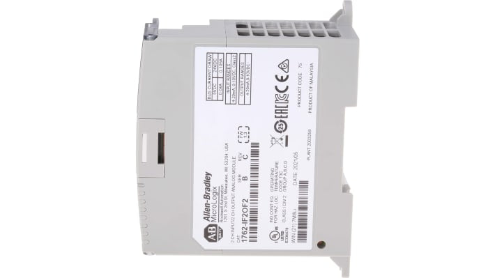 Allen Bradley 1762-IF20F2, modulo I/O analogico per MicroLogix 1200, due ingressi/uscite, montaggio su guida DIN, dimensioni 90x40x87 mm.