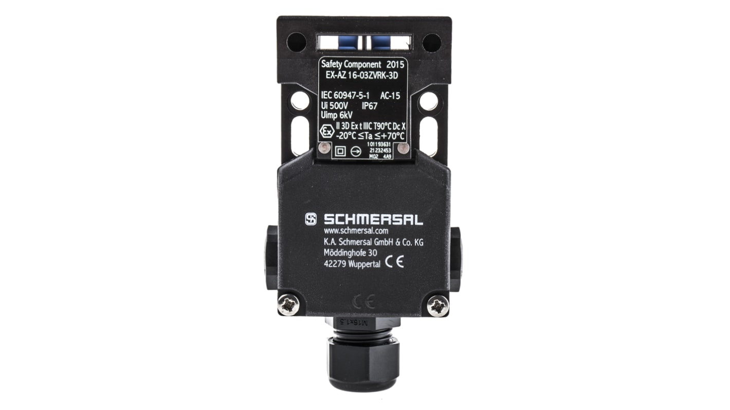 Interruttore di interblocco di sicurezza a chiave Schmersal EX-AZ 16-03ZVRK-3D, 3NC/1NA, IP67, 230V, dimensioni 90x52x30mm.