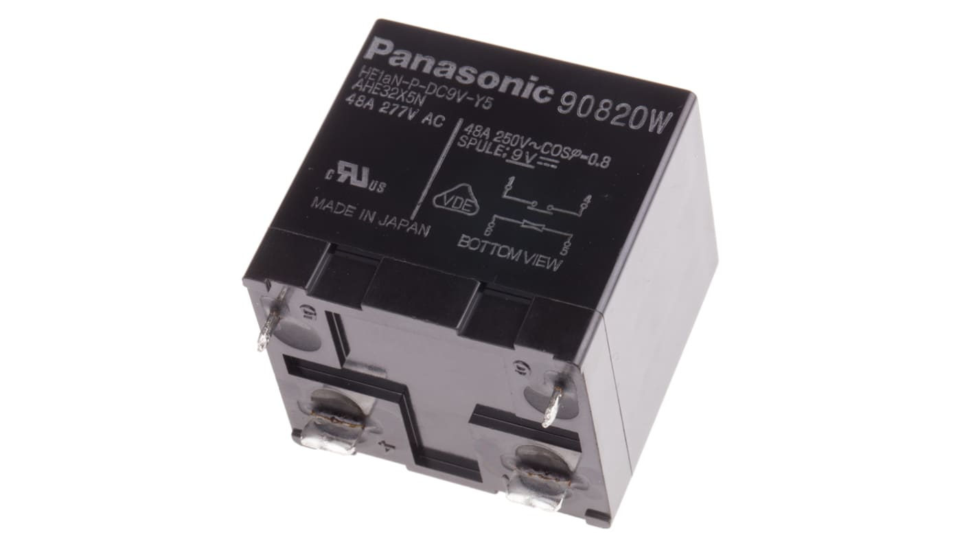 Relè di potenza Panasonic HE1AN-P-DC9V-Y5, SPST, 9V cc, montaggio su PCB, dimensioni 38mm x 36.3mm x 33mm.