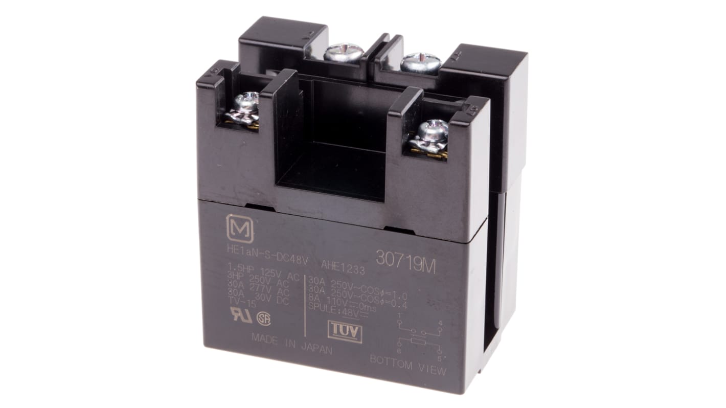 Relè di potenza Panasonic HE1AN-S-DC48V SPST, montaggio su PCB, corrente 30A, dimensioni 50x16.5x44.5 mm.
