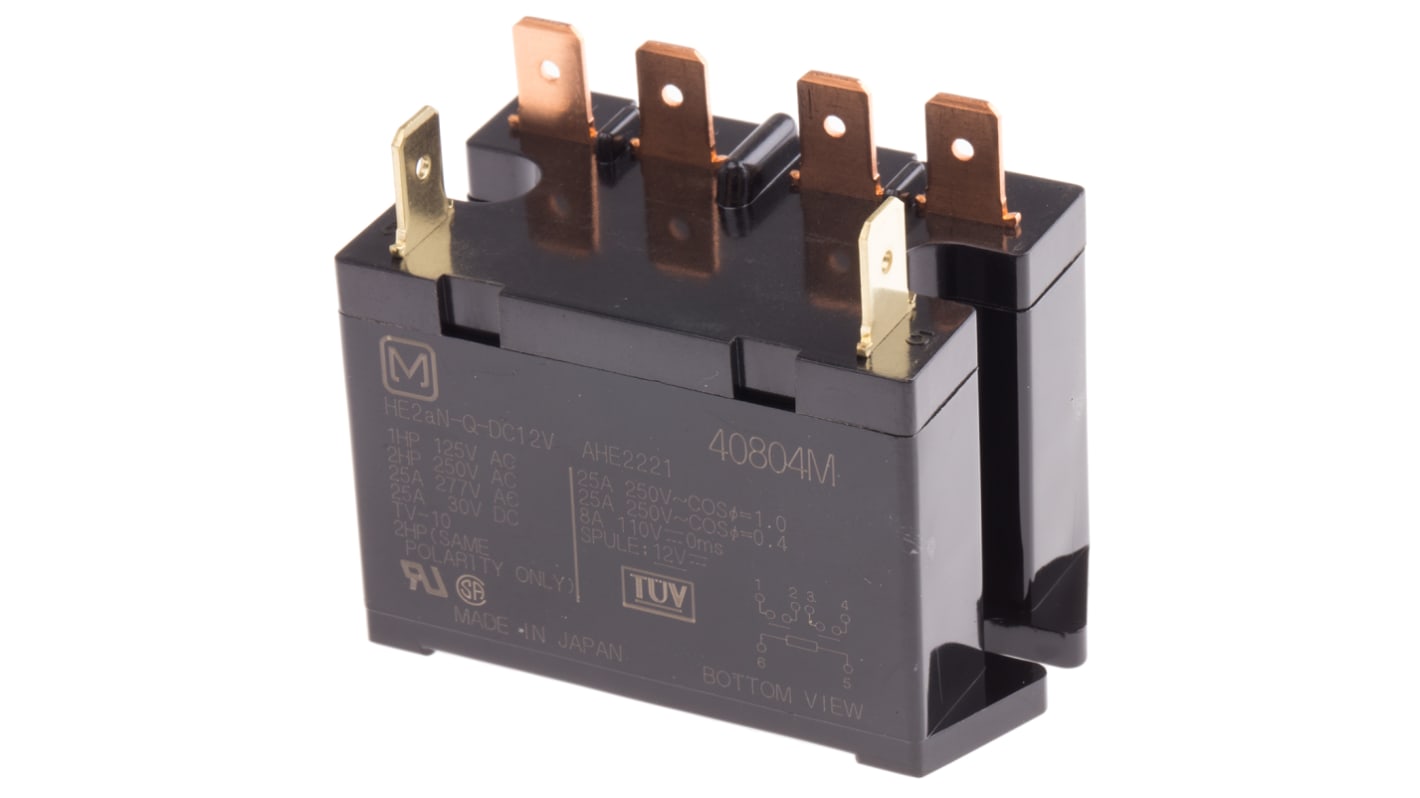Relè di potenza Panasonic HE2AN-Q-DC12V, DPST, montaggio su PCB, dimensioni 60x35x33 mm, corrente 30 A, tensione 12V cc.