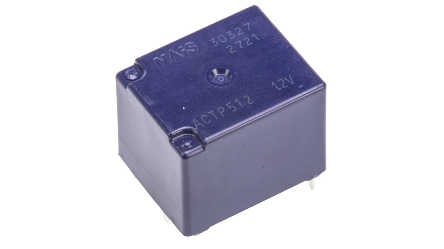 Relè automotive Panasonic DPDT, 12V cc, 30A, montaggio su PCB, dimensioni 17.4x14x13.5 mm, resistenza bobina 144 Ω.