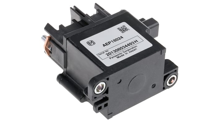 Relè di potenza Panasonic AEP18024 SPST per montaggio su flangia, 24V cc, 80A, dimensioni 82,25 x 40 x 79 mm.