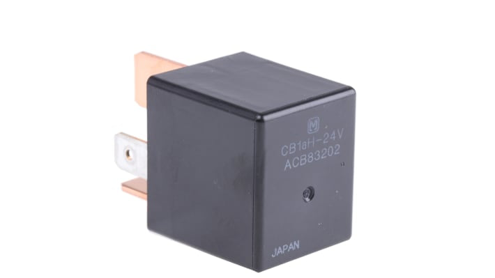 Relè automotive Panasonic CB1AH24, 24V cc, 20A, SPST, compatto, mini-ISO, temperatura operativa -40°C/+85°C.