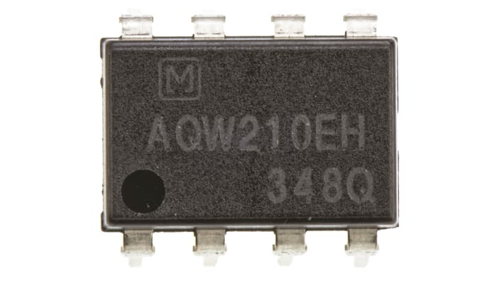 Relè a stato solido Panasonic AQW210EH per montaggio su circuito stampato, DPST, 0,12 A, 350 V, dimensioni 9,86 x 6,4 x 3,2 mm.
