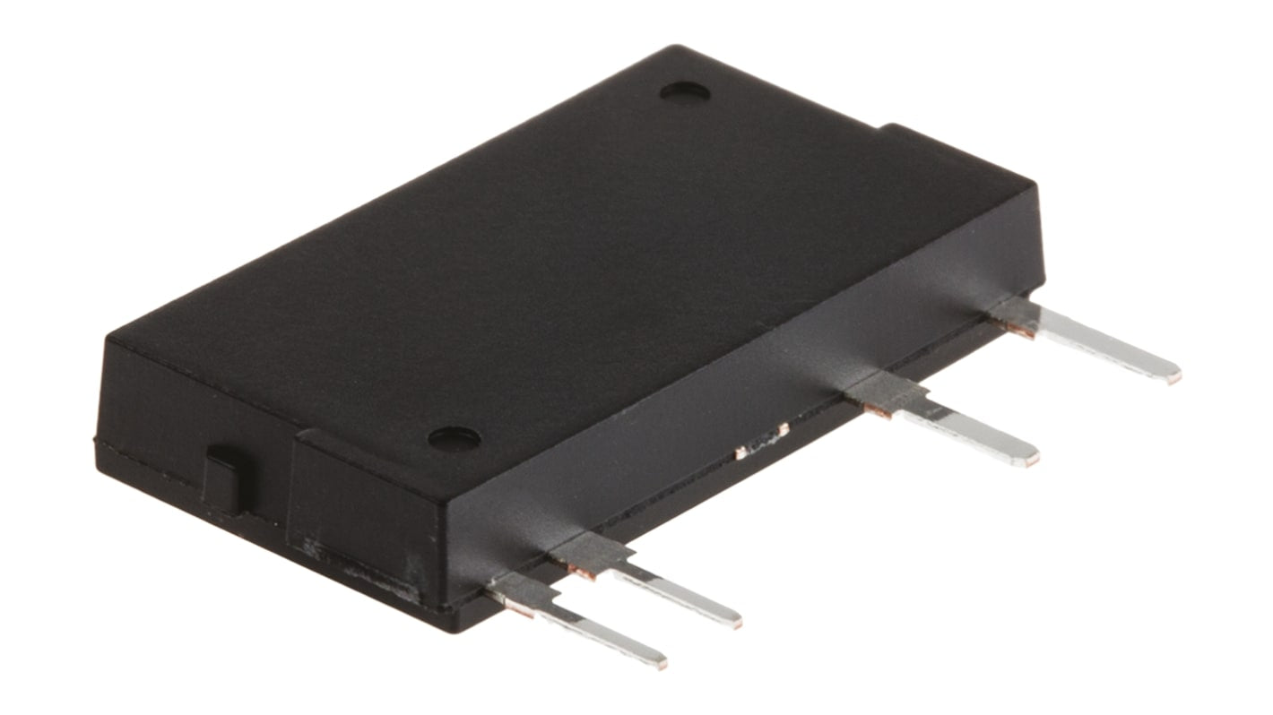 Relè a stato solido Panasonic AQZ205 per montaggio su circuito stampato, corrente massima 2 A, dimensioni 21 x 3,5 x 12,5 mm.