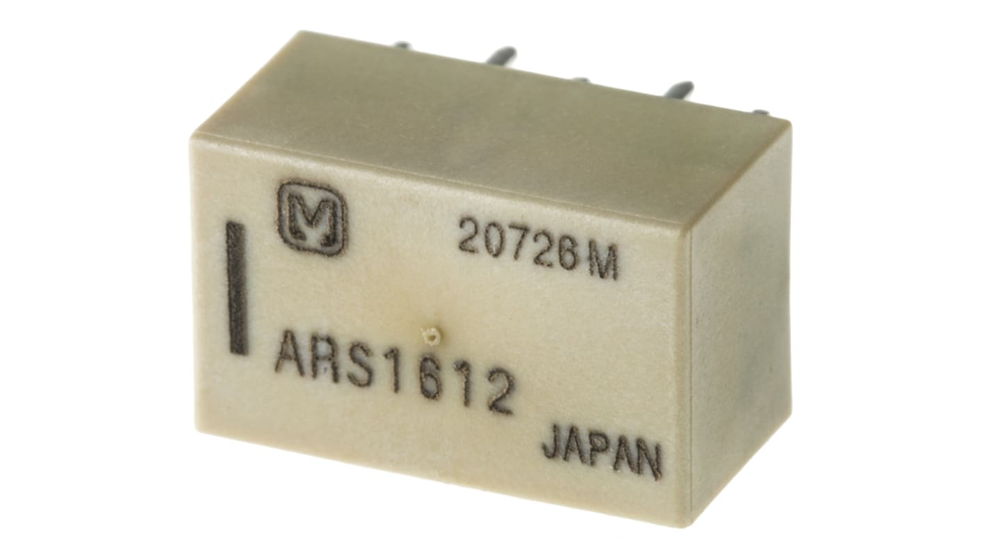 Relè SPDT Panasonic ARS1612 per circuiti stampati, 3GHz, 12V cc, dimensioni 14 x 8.6 x 7.2 mm, temperatura -40/+70°C.