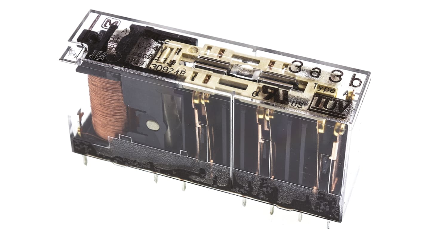 Relè Panasonic SFS6-DC24V 3PDT per montaggio su PCB, 6 poli, 24V cc, dimensioni 50mm x 24mm x 13mm, capacità 6A a 250V.