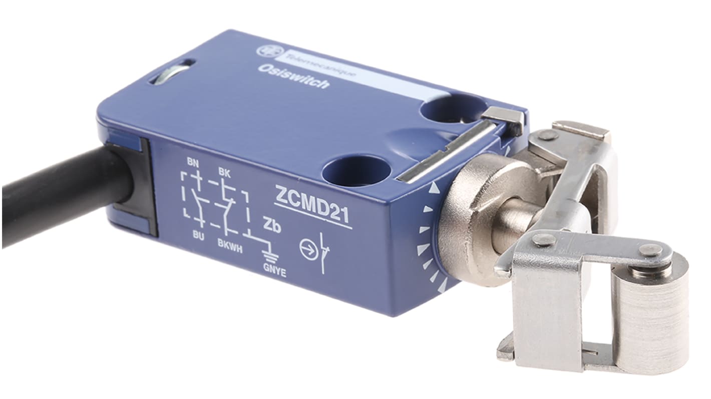 Interruttore di fine corsa Telemecanique Sensors XCMD2124L1, attuatore a stantuffo con leva a rullo, protezione IP66/IP67/IP68, corrente 1,5A, dimensioni 50mm x 30mm x 16mm.
