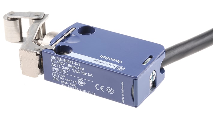Interruttore di fine corsa Telemecanique Sensors XCMD2124L1, attuatore a stantuffo con leva a rullo, protezione IP66/IP67/IP68, corrente 1,5A, dimensioni 50mm x 30mm x 16mm.