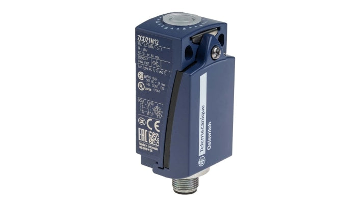 Interruttore di fine corsa Telemecanique Sensors ZCD21M12, configurazione NO/NC, corpo metallico, dimensioni 31x65x30 mm.